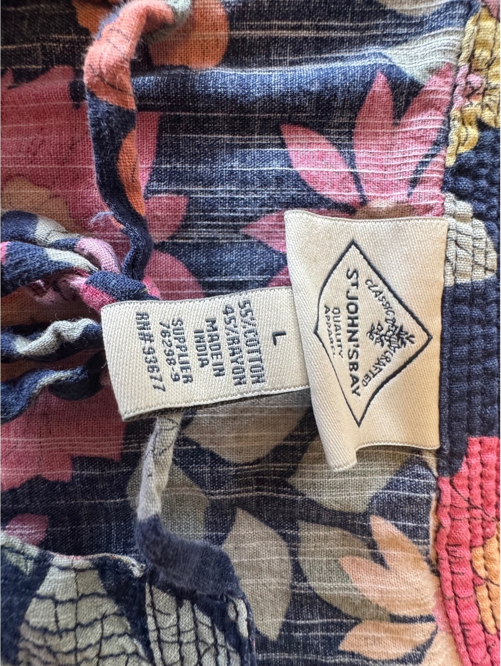 St. John’s Bay Floral Hooded Top L Boho Cottagecore 3/4 Sleeve Tie Neck Cotton - Picture 3 of 9